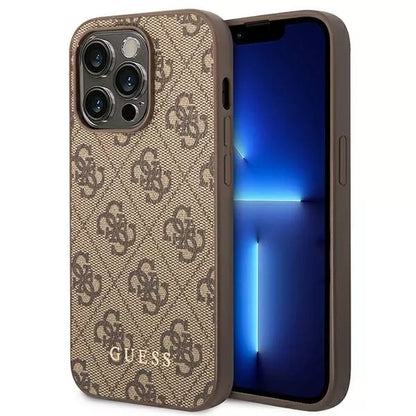 Guess 4G Metal Gold Logo dėklas iPhone 14 Pro Max (rudos spalvos)