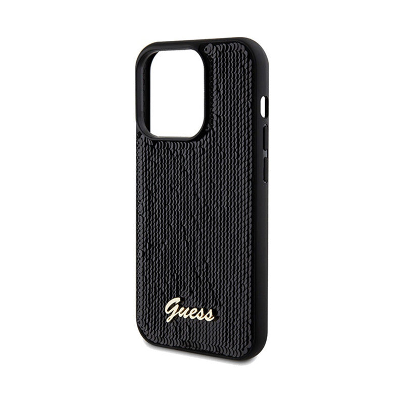 Guess Sequin Script Metal - „iPhone 14 Pro Max“ dėklas (juodas)