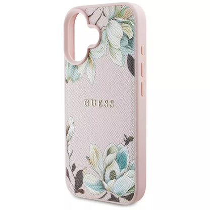 Guess Grained Printed Flower Pattern MagSafe - dėklas iPhone 16 (rožinis)