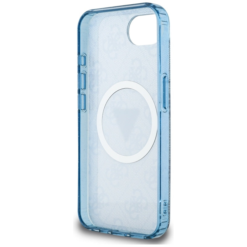 Guess IML Metal Glitter 4G Circle Triangle MagSafe – dėklas, skirtas iPhone 16e (mėlynas)