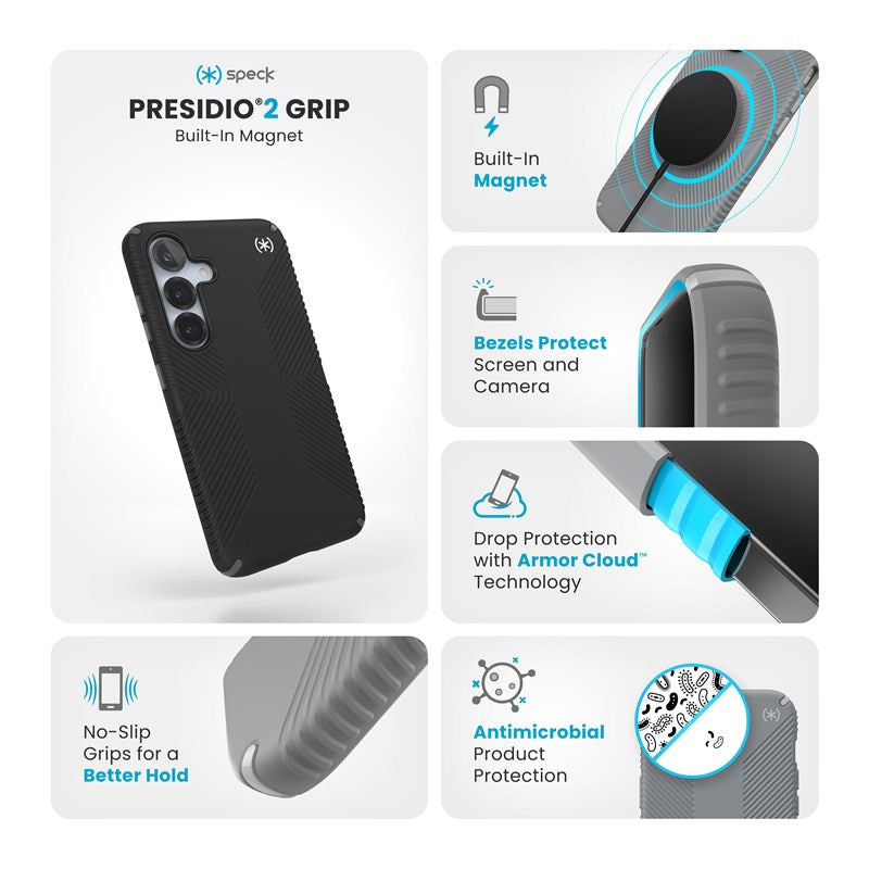 Speck Presidio2 Grip Magnet – dėklas Samsung Galaxy S25 / 24 MagSafe (juodas/skalūno pilkumo/baltas)