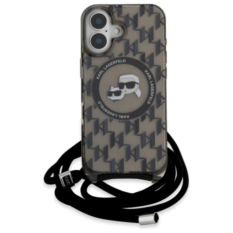 Karl Lagerfeld IML Crossbody Monogram Karl & Choupette Head MagSafe – dėklas, skirtas iPhone 16 (juodas)