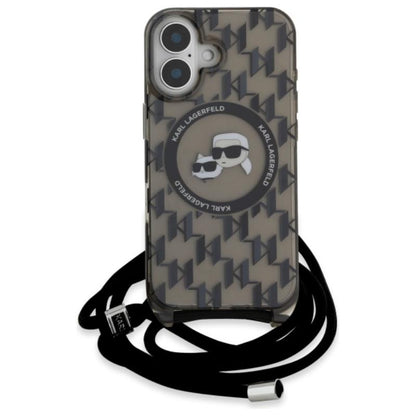 Karl Lagerfeld IML Crossbody Monogram Karl & Choupette Head MagSafe – dėklas, skirtas iPhone 16 (juodas)