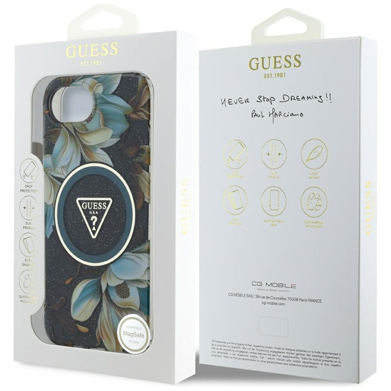 Guess IML Metal Glitter Flowers Triangle MagSafe – Dėklas, skirtas iPhone 16e (juoda)