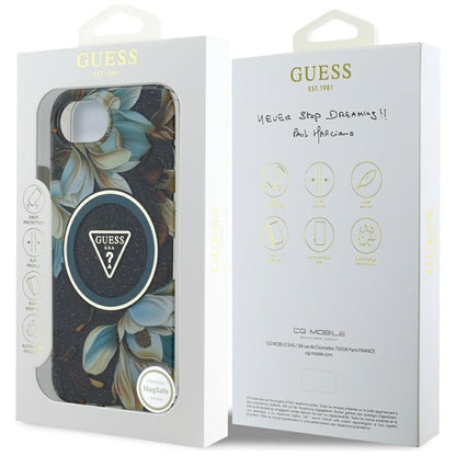 Guess IML Metal Glitter Flowers Triangle MagSafe – Dėklas, skirtas iPhone 16e (juoda)