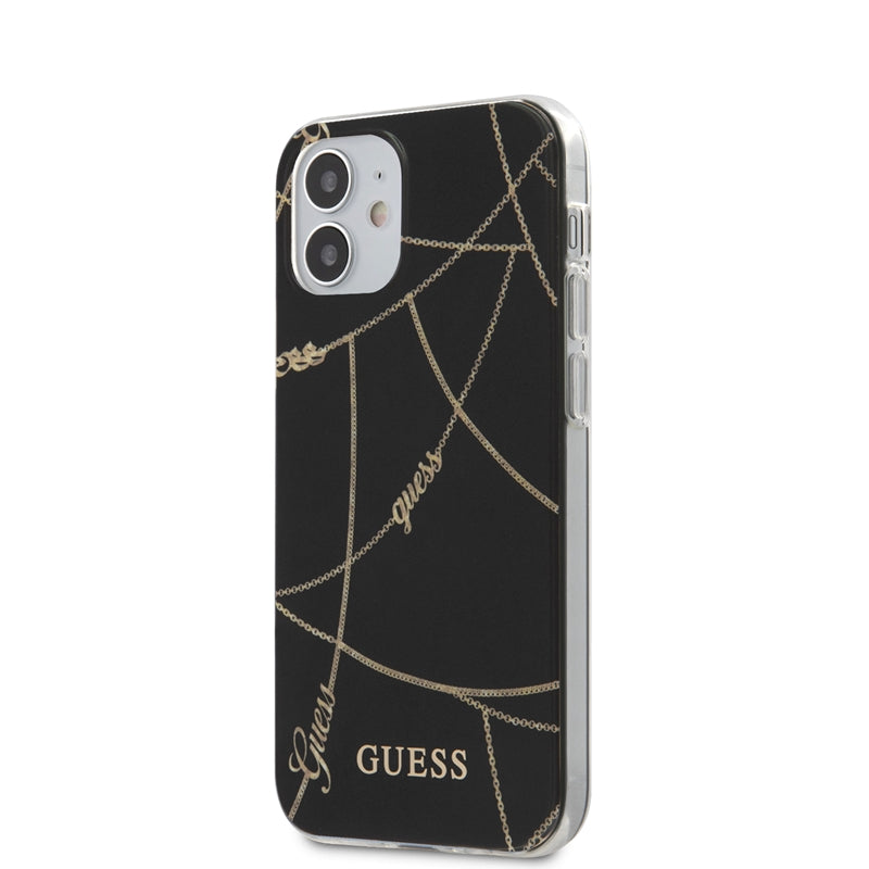 Guess Gold Chain - dėklas iPhone 12 Mini (juodas)