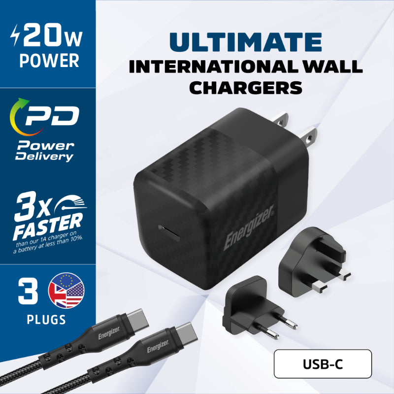 Energizer Ultimate - Multi-lizdas ES / UK / US GaN 20W PD sieninis įkroviklis + USB-C laidas (juodas)