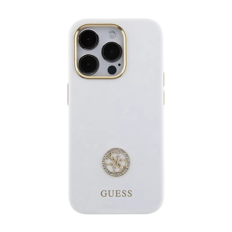 Guess Silikoninis Logotipo Strass 4G - iPhone 15 Pro Max dėklas (baltas)