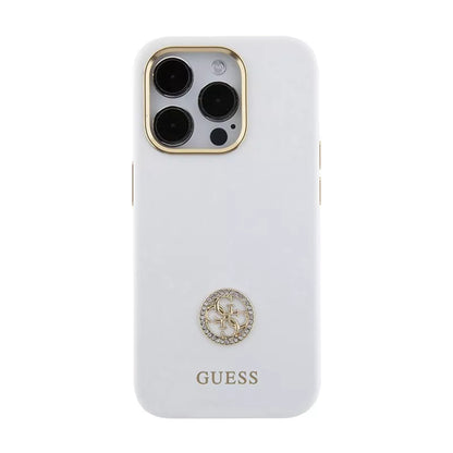 Guess Silikoninis Logotipo Strass 4G - iPhone 15 Pro Max dėklas (baltas)