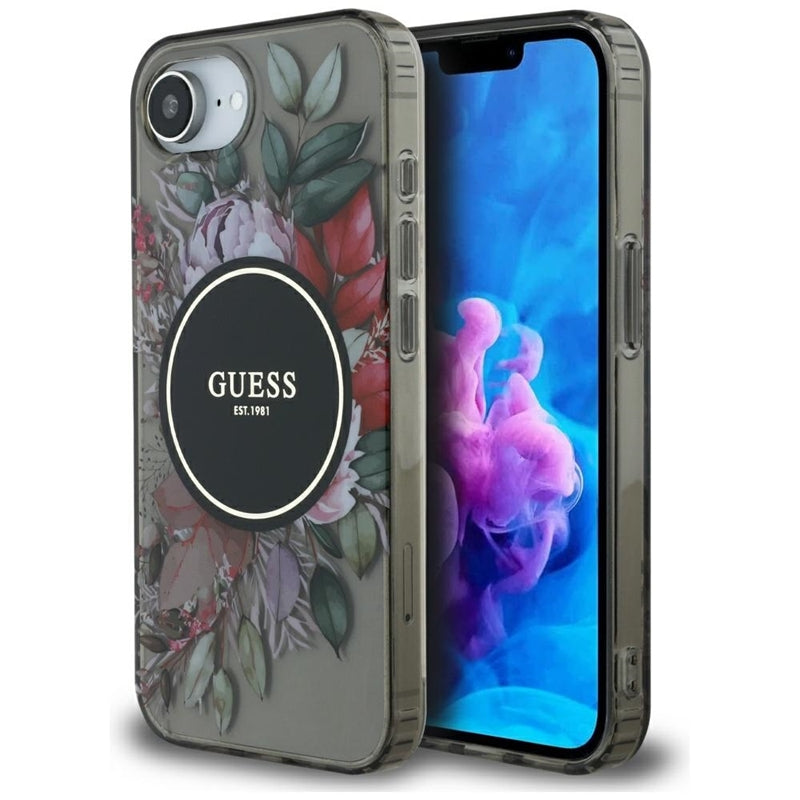 Guess IML Flowers MagSafe – dėklas skirtas iPhone 16e (juodas)