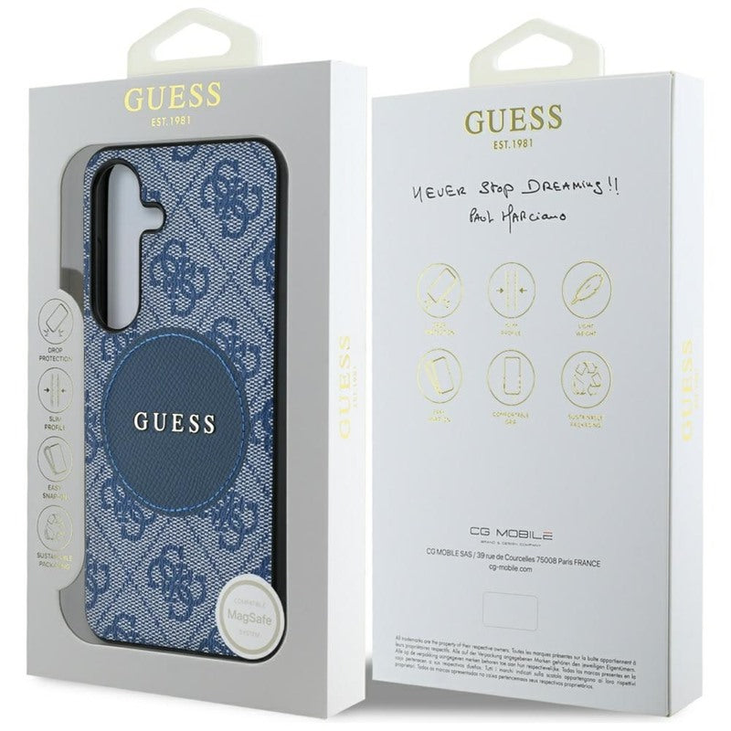 Guess 4G Round Patch Classic Logo MagSafe – dėklas, skirtas Samsung Galaxy S25+ (mėlyna)