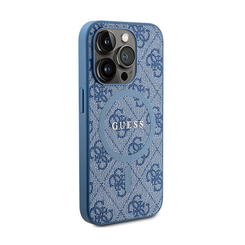 Guess 4G Collection Leather Metal Logo MagSafe – dėklas, skirtas iPhone 14 Pro (mėlynas)