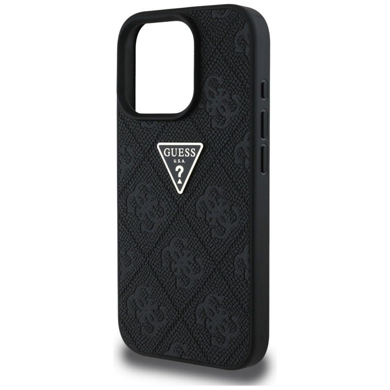 Guess Hot Stamp 4G raštas su trikampio metaliniu logotipu – dėklas iPhone 16 Pro Max (juodas)