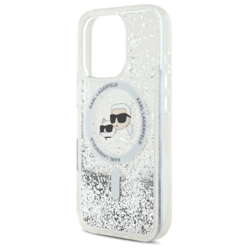 Karl Lagerfeld Liquid Glitter dėklas su Karl & Choupette galvutės motyvu ir MagSafe, iPhone 16 Pro Max (skaidrus)