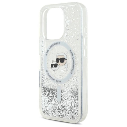 Karl Lagerfeld Liquid Glitter dėklas su Karl & Choupette galvutės motyvu ir MagSafe, iPhone 16 Pro Max (skaidrus)