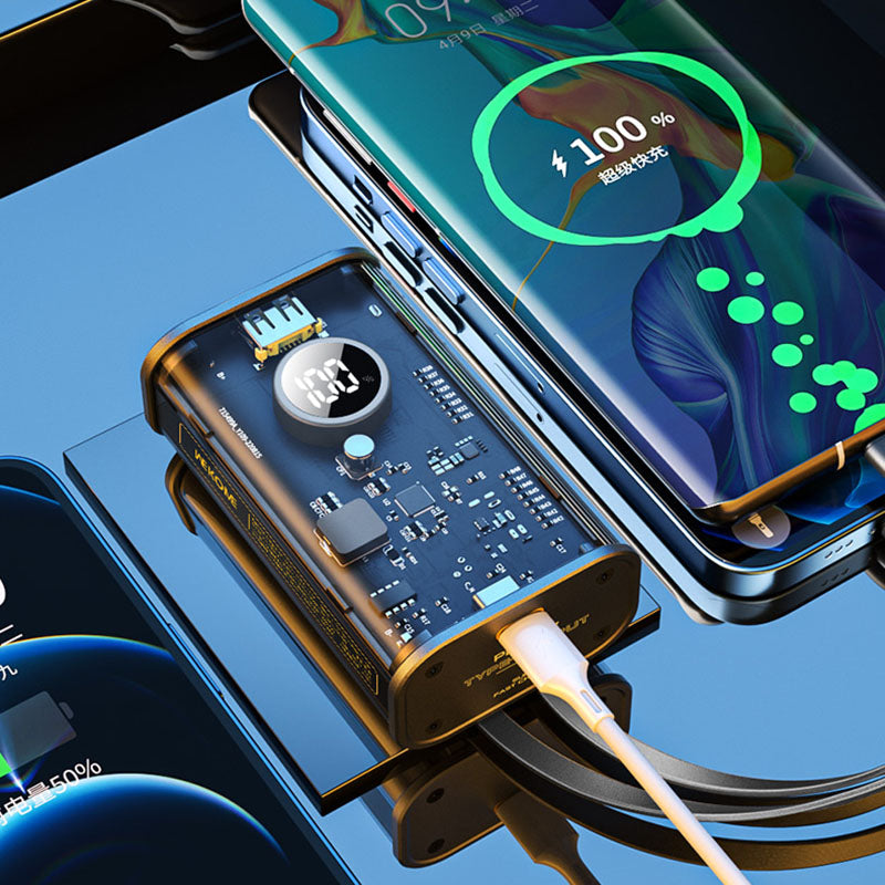 WEKOME WP-345 Vanguard Series – nešiojama baterija 10000 mAh greitasis įkrovimas su įmontuotu USB-C ir Lightning PD 20W kabeliu + QC 22.5W (juoda)