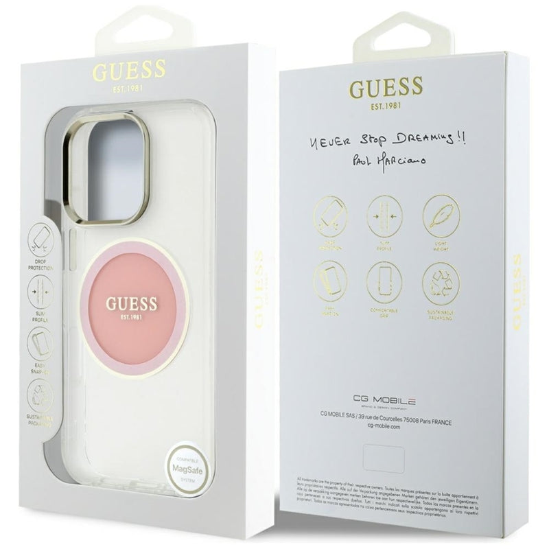 Guess IML Metal Colored Circle Classic Logo MagSafe – dėklas, skirtas iPhone 16 Pro (rožinis)