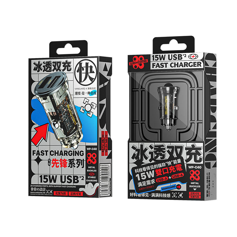 WEKOME WP-C40 Vanguard serija – Automobilinis įkroviklis 2 x USB Greitas įkrovimas 15W (Juoda / Skaidri)