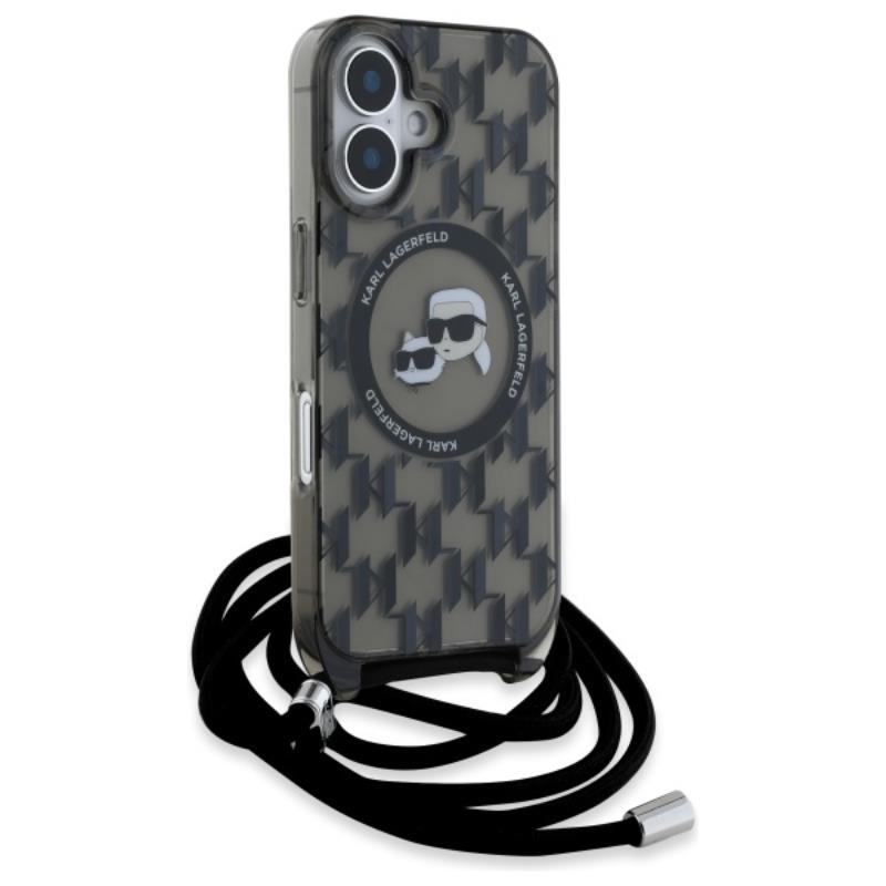 Karl Lagerfeld IML Crossbody Monogram Karl & Choupette Head MagSafe – dėklas, skirtas iPhone 16 (juodas)