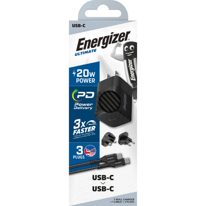 Energizer Ultimate - Multi-lizdas ES / UK / US GaN 20W PD sieninis įkroviklis + USB-C laidas (juodas)