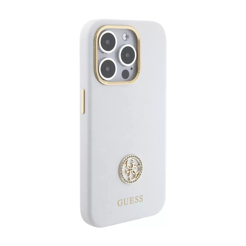 Guess Silikoninis Logotipo Strass 4G - iPhone 15 Pro Max dėklas (baltas)