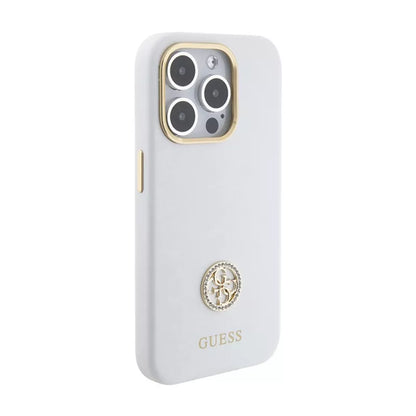 Guess Silikoninis Logotipo Strass 4G - iPhone 15 Pro Max dėklas (baltas)