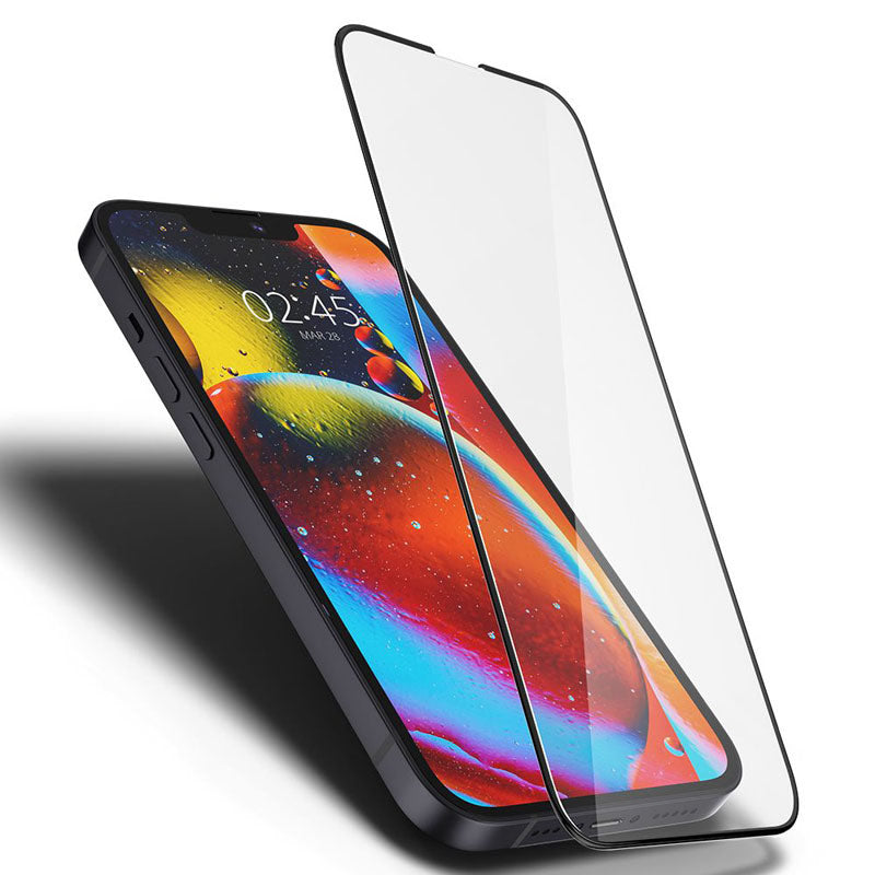Spigen Glass FC – Grūdintas stiklas, skirtas iPhone 17e / 16e / 14 / 13 / 13 Pro (juodo rėmelio)