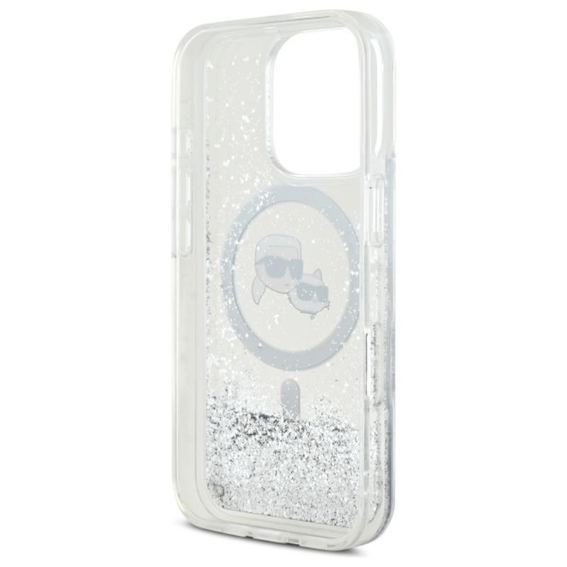 Karl Lagerfeld Liquid Glitter dėklas su Karl & Choupette galvutės motyvu ir MagSafe, iPhone 16 Pro Max (skaidrus)