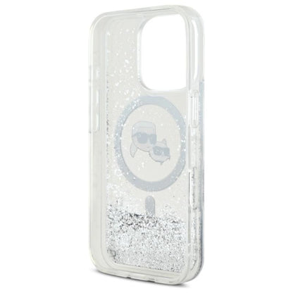 Karl Lagerfeld Liquid Glitter dėklas su Karl & Choupette galvutės motyvu ir MagSafe, iPhone 16 Pro Max (skaidrus)