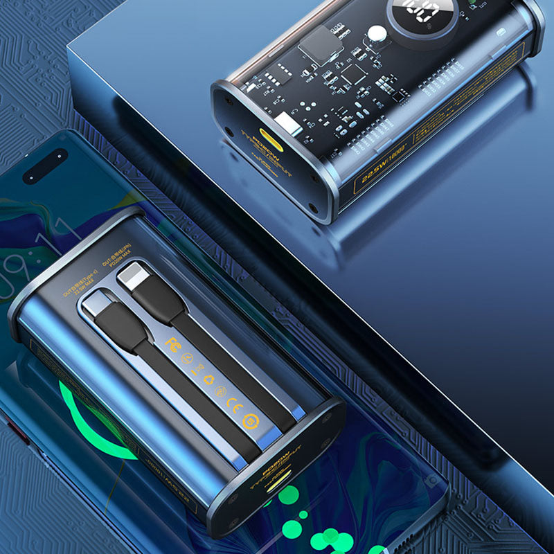 WEKOME WP-345 Vanguard Series – nešiojama baterija 10000 mAh greitasis įkrovimas su įmontuotu USB-C ir Lightning PD 20W kabeliu + QC 22.5W (juoda)