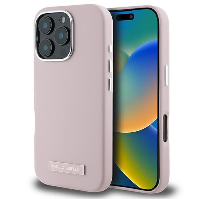 Karl Lagerfeld FW Metal Plate MagSafe – dėklas, skirtas iPhone 16 Pro (rožinis)