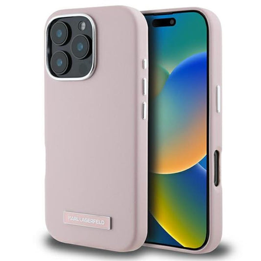 Karl Lagerfeld FW Metal Plate MagSafe – dėklas, skirtas iPhone 16 Pro (rožinis)