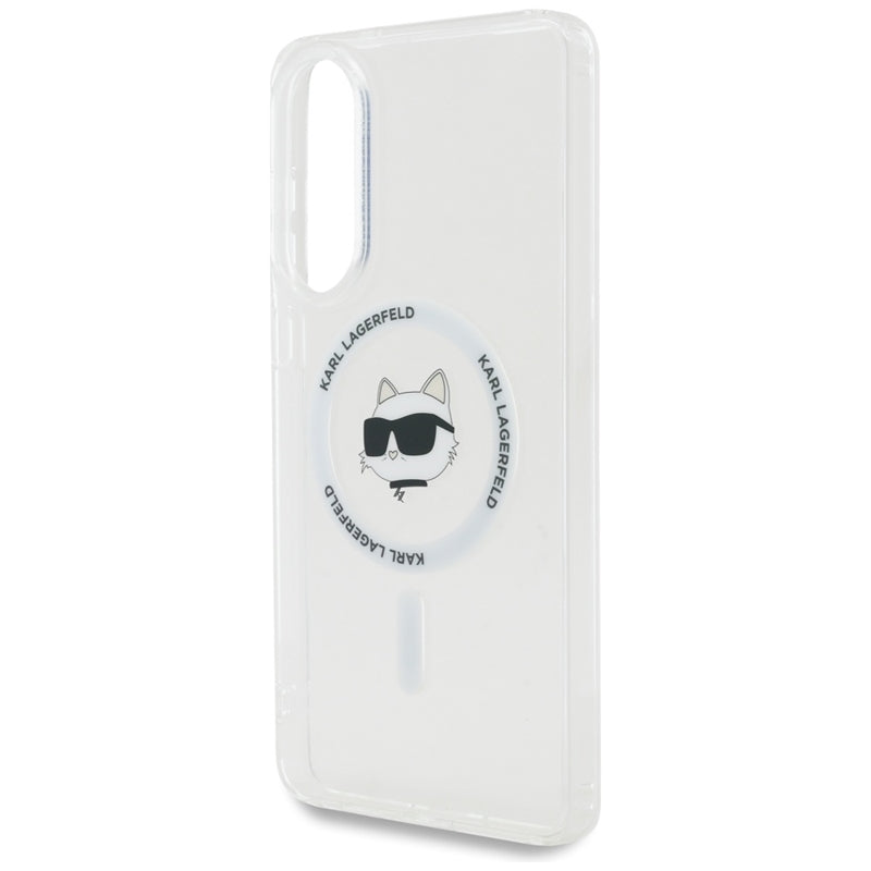 Karl Lagerfeld Dėklas Samsung Galaxy S25 Edge, su Choupette galvos ir logotipų atvaizdais, MagSafe, baltas