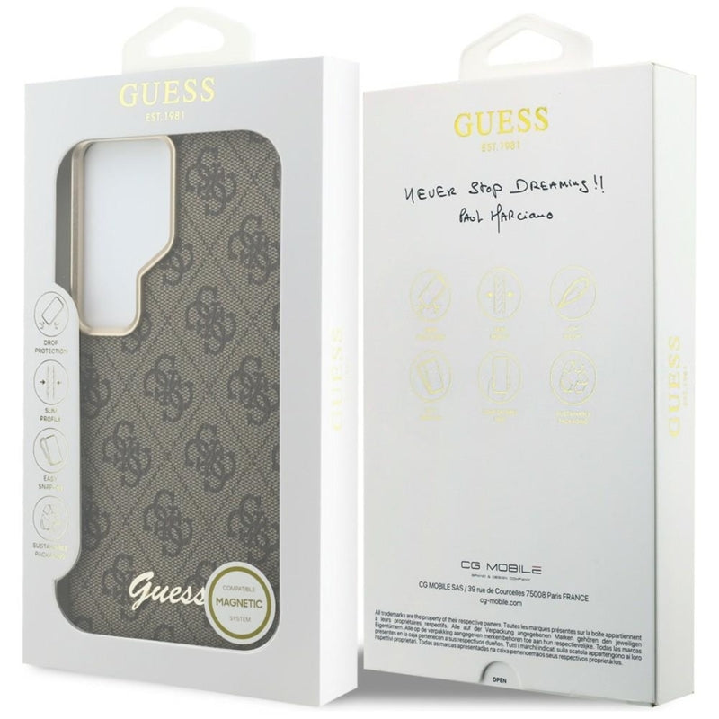Guess 4G Script MagSafe dėklas – Samsung Galaxy S26 Ultra (rudos spalvos)