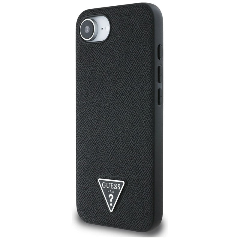 Guess Grained Triangle MagSafe - dėklas, skirtas iPhone 16e (juoda)