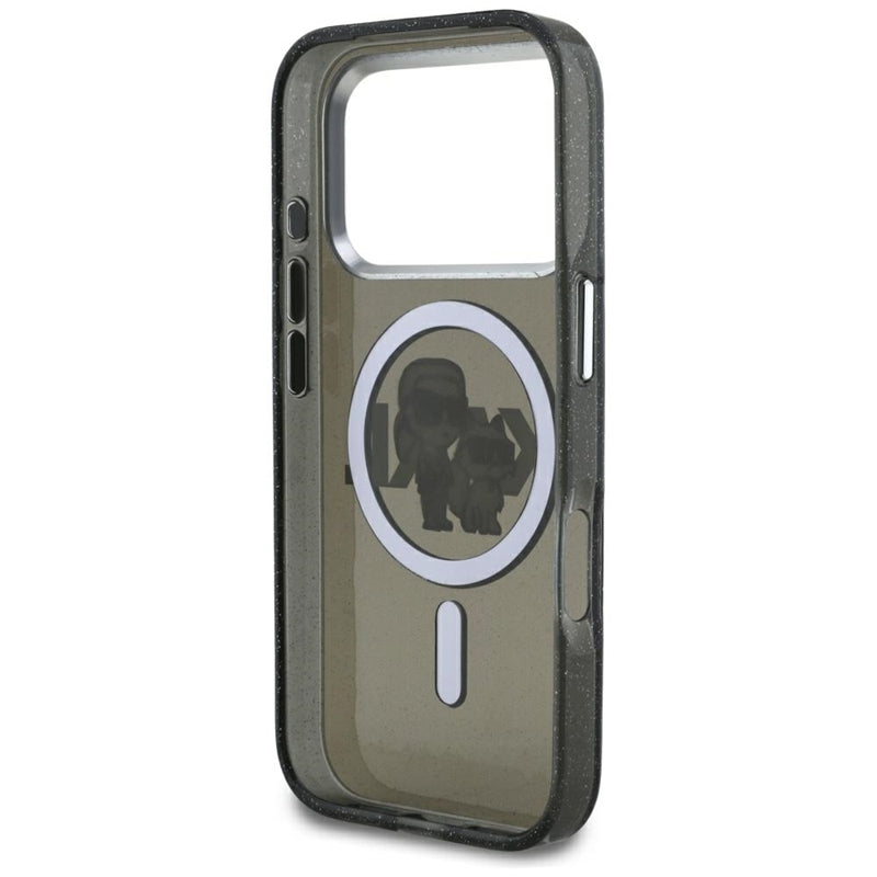 Karl Lagerfeld IML Blizgantis Karl & Choupette eskizo logotipas MagSafe - Dėklas iPhone 17 Pro (Juodas)