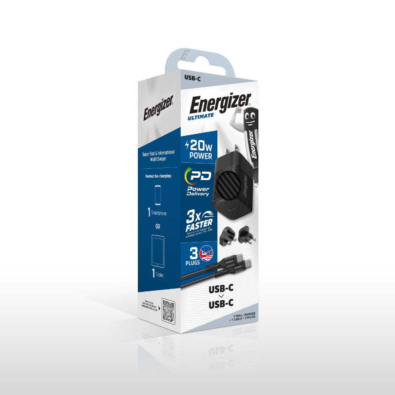 Energizer Ultimate - Multi-lizdas ES / UK / US GaN 20W PD sieninis įkroviklis + USB-C laidas (juodas)