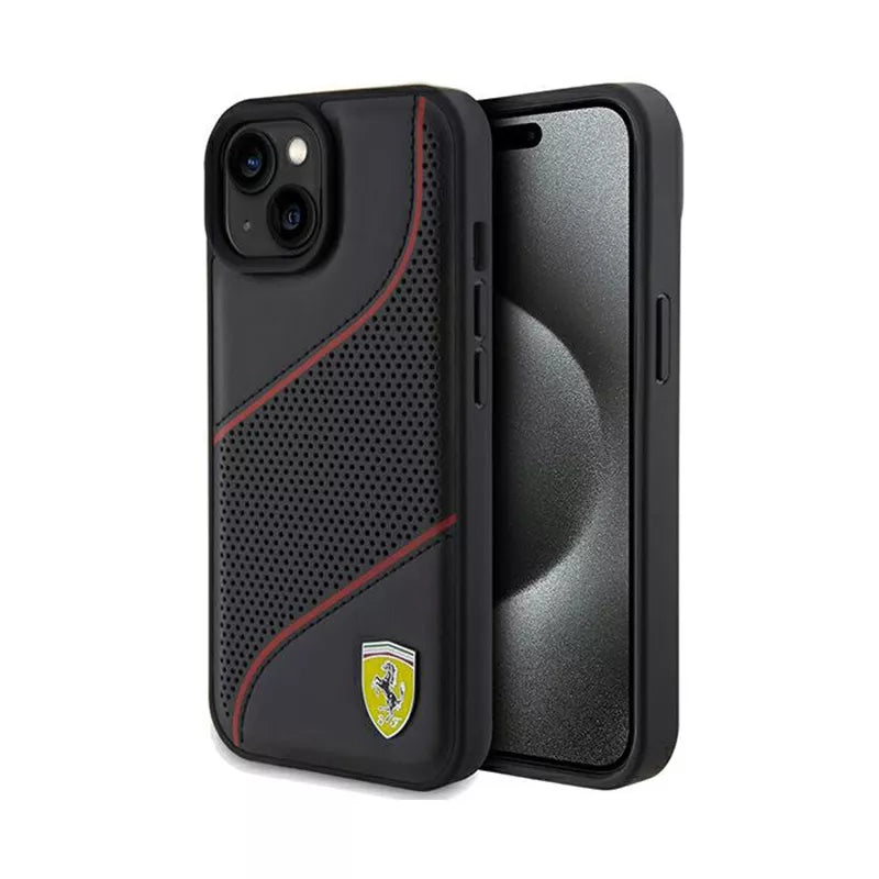 Ferrari perforuotos bangos metalinis logotipas – "iPhone 15" dėklas (juodas)