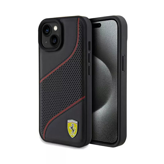 Ferrari perforuotos bangos metalinis logotipas – "iPhone 15" dėklas (juodas)
