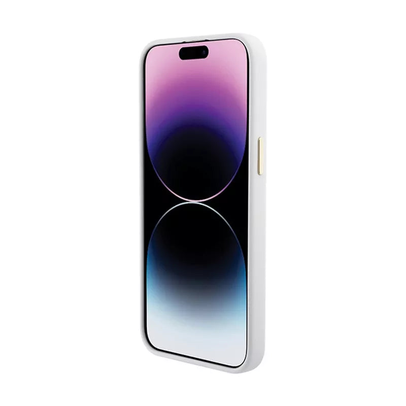 Guess Silikoninis Logotipo Strass 4G - iPhone 15 Pro Max dėklas (baltas)