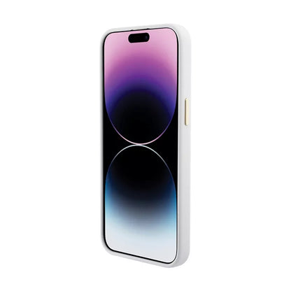 Guess Silikoninis Logotipo Strass 4G - iPhone 15 Pro Max dėklas (baltas)