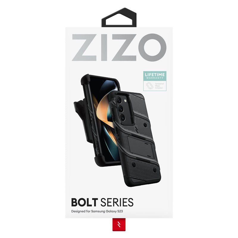 ZIZO BOLT serija – šarvuotas dėklas skirtas Samsung Galaxy S23 su 9H stiklu ekranui + laikiklis su stovu (juodas)