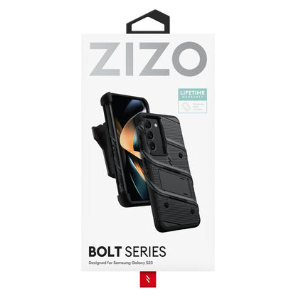ZIZO BOLT serija – šarvuotas dėklas skirtas Samsung Galaxy S23 su 9H stiklu ekranui + laikiklis su stovu (juodas)