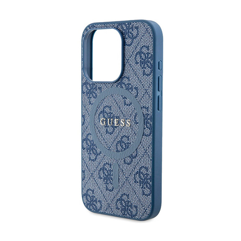Guess 4G Collection Leather Metal Logo MagSafe – dėklas, skirtas iPhone 14 Pro (mėlynas)