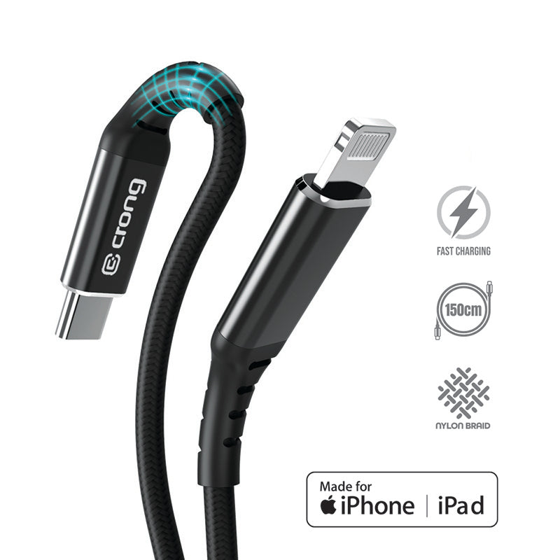 Crong Armor Link – USB-C „Lightning“ MFi pintas laidas 150 cm (juodas)