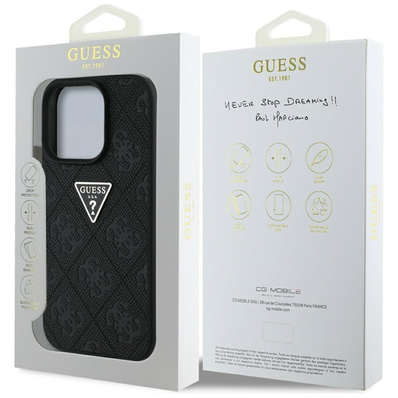Guess Hot Stamp 4G raštas su trikampio metaliniu logotipu – dėklas iPhone 16 Pro Max (juodas)