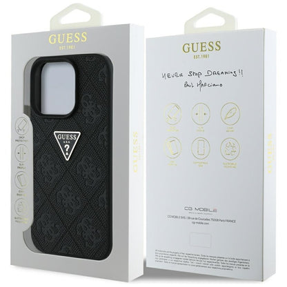 Guess Hot Stamp 4G raštas su trikampio metaliniu logotipu – dėklas iPhone 16 Pro Max (juodas)