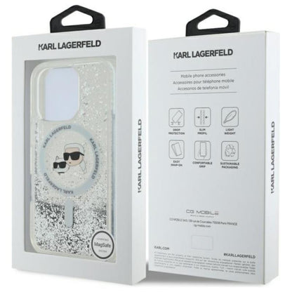 Karl Lagerfeld Liquid Glitter dėklas su Karl & Choupette galvutės motyvu ir MagSafe, iPhone 16 Pro Max (skaidrus)