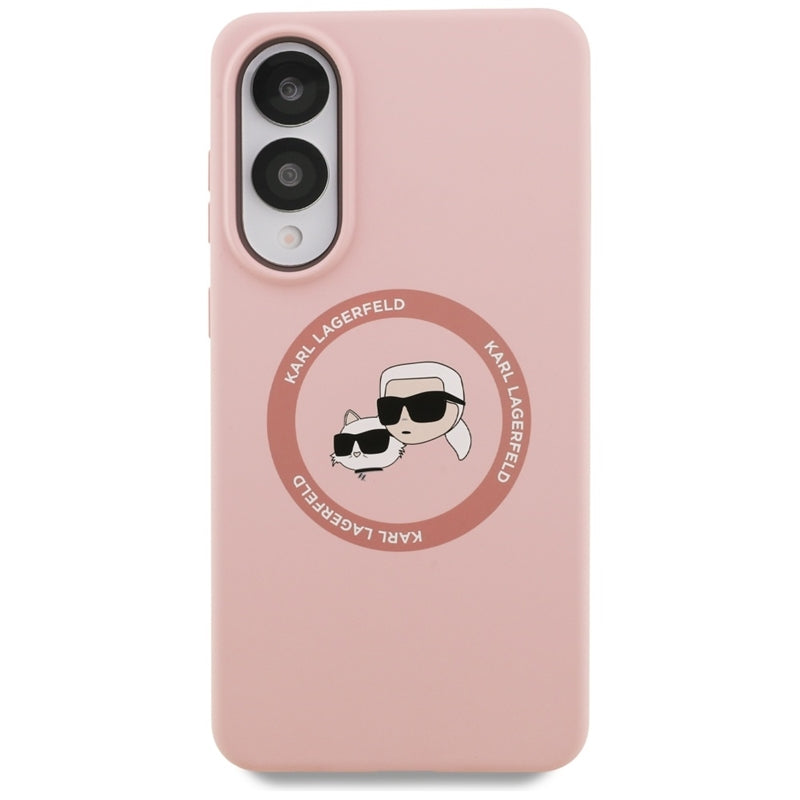 Karl Lagerfeld Silikoninis MagSafe Dėklas su dvigubomis galvutėmis ir apskritimu – Samsung Galaxy S25 Edge (rožinis)