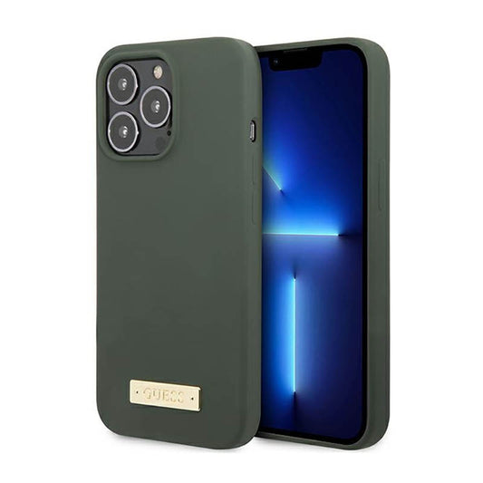 Guess Silicone Logo Plate MagSafe – dėklas, skirtas iPhone 13 Pro Max (žalias)